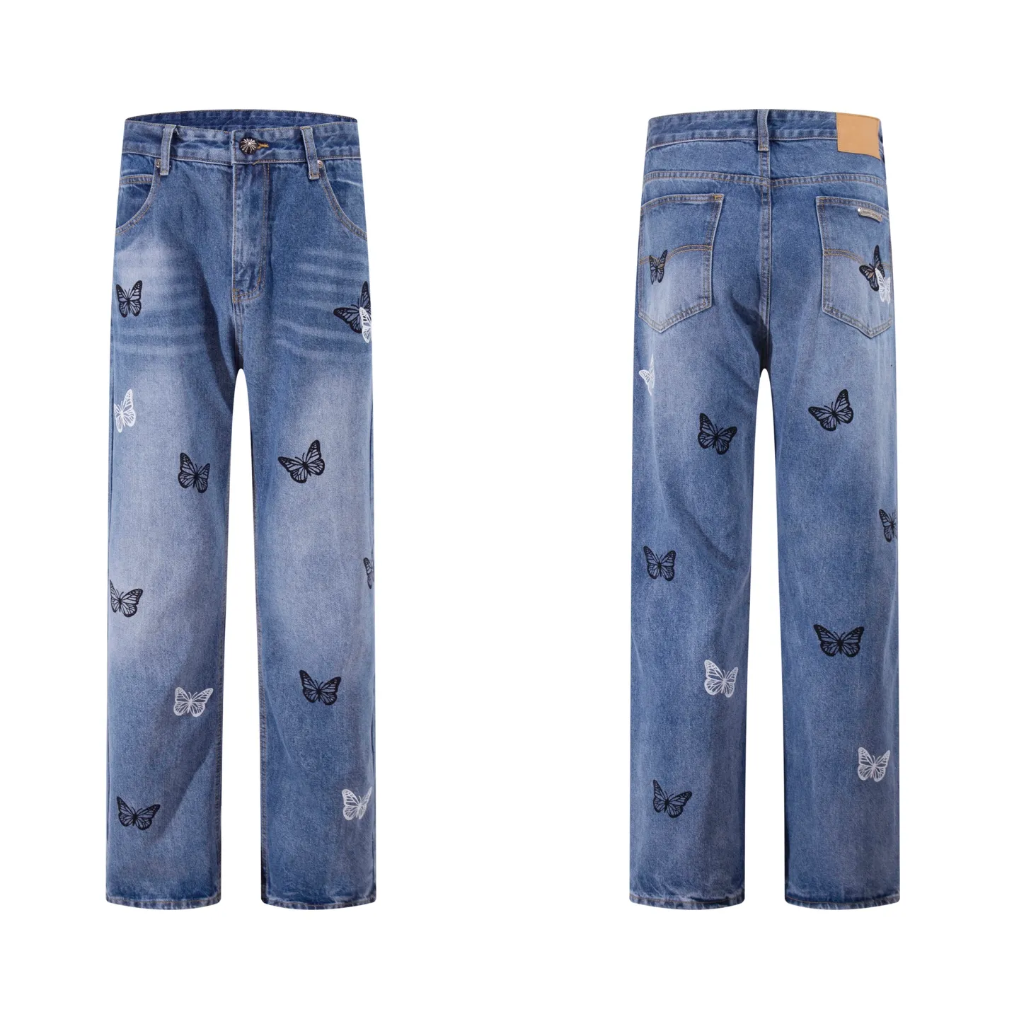 P240 Style number: H72 Croxin & 𝐂𝐡𝐫𝐨𝐦𝐞 𝐇𝐞𝐚𝐫𝐭 ss25 blue butterfly print jeans. Styles with different wash textures are very friendly to people with thin legs. The slightly flared version perfectly modifies the leg shape. The timeless and moderate length makes it easy to match and match. It is the basis for various styles and is a must-have in your wardrobe! The fabric is stiff but also makes the upper body soft without losing texture. The washing process is even more perfect. It is a must-have item for everyone! ! ! Washed wheat, hang tag, pants label, three labels complete Color: blue Size: 30-32-34-36